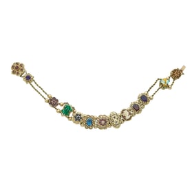 14K Yellow Gold Multi Gem-Set Double Chain Slide Charm Bracelet