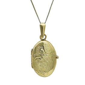14K Yellow Gold Oval Bird Design Locket Pendant Necklace