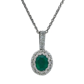 14K White Gold Emerald and Diamond Halo Pendant Necklace
