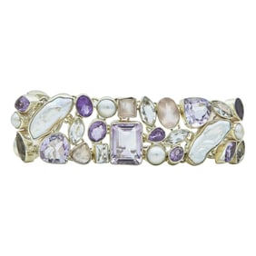 Silver Multi Gem-Set Cobblestone Style Toggle Bracelet