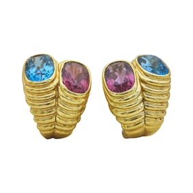 18K Yellow Gold Bezel-Set Blue Topaz and Pink Tourmaline Half-Hoop Earrings