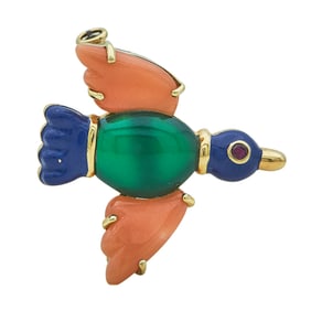 1991 Vintage Cartier 18K Yellow Gold Multi Gem-Set Bird Brooch Pin