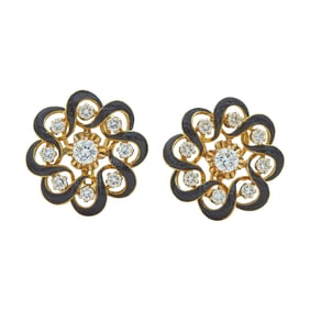 18K/14K Yellow Gold Diamond and Black Enamel Cluster Design Earrings