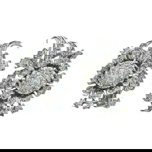 Platinum Diamond Floral Earrings: METAL: Platinum; APPROXIMATE TOTAL DIAMOND WEIGHT: 1.50 ctw; TESTED: Platinum; CONDITION: Pre-owned, Very Good; ITEM WEIGHT (GRAMS): 11.45 g; MEASUREMENTS: 22mm x 17mm; ADDITIONAL COMMENTS: With omega