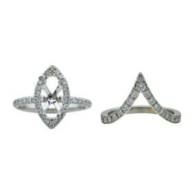 18K White Gold Diamond Halo Marquise Engagement Ring Setting and V Shaped Wedding Band Ring