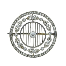 Platinum Single and Round-Cut Diamond Open Work Brooch Pin