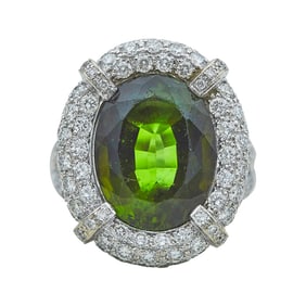18K White Gold Oval-Cut Green Tourmaline and Diamond Halo Split Shank Ring