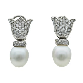 18K White Gold Oval South Sea Pearl and Diamond Drop Earrings
