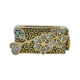 Yewn 18K Yellow Gold Enamel, Garnet and Rose-Cut Diamond Flowering Branch Square Band Ring