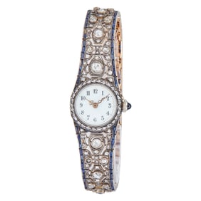 Vintage 14K Yellow Gold and Silver Round and Rose-Cut Diamond and Sapphire Watch
