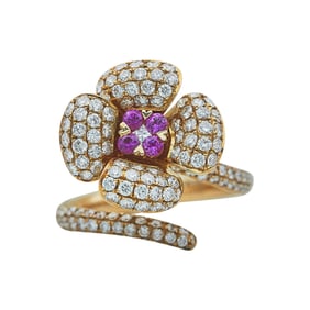 18K Rose Gold Pink Sapphire and Diamond Flower Wrap Open Band Ring