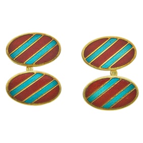 18K Yellow Gold Red and Blue Enamel Striped Oval Cufflinks