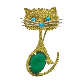 18K Yellow Gold Chalcedony and Turquoise Cat Brooch Pin