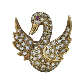14K Yellow Gold Diamond and Ruby Swan Pendant Brooch