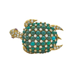 14K Yellow Gold Turquoise, Ruby and Diamond Turtle Brooch Pin