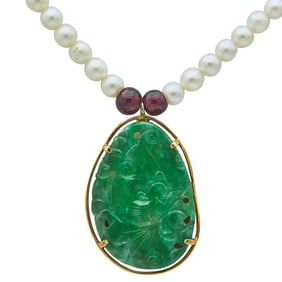 14K Yellow Gold  Carved Jade, Garnet and Akoya Pearl Beaded Necklace with Plated Clasp