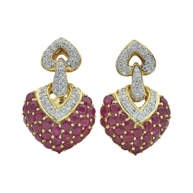 18K Yellow Gold Ruby and Diamond Heart Drop Earrings