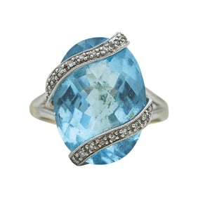 18K White Gold Diamond Wrapped Blue Topaz Ring