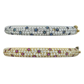 Set of 2 18K Yellow Gold Diamond, Ruby and Sapphire Hinged Bangle Bracelets