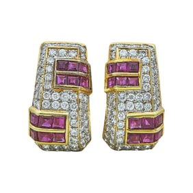 18K Yellow Gold Square-Cut Ruby and Diamond J Hoop Earrings