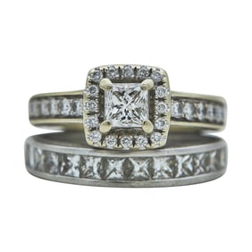 14K White Gold Princess-Cut Diamond Halo Engagement Ring and Platinum Diamond Wedding Band Set