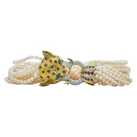 22K Yellow Gold and Platinum Ruby, Emerald and Diamond Lion Head Multi-Strand Akoya Pearl Bracelet