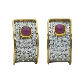 18K Yellow and White Gold Ruby Cabochon and Diamond Half Hoop Earrings