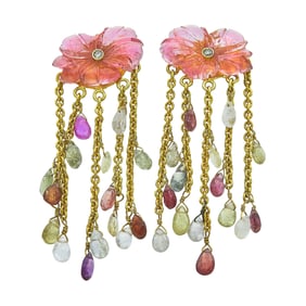 22K Yellow Gold Carved Floral Tourmaline, Rock Crystal,  Diamond and Pink Sapphire Chandelier