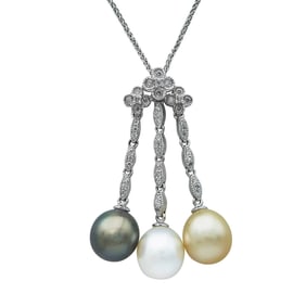 18K White Gold White, Golden and Tahitian South Sea Pearl and Diamond Pendant Necklace