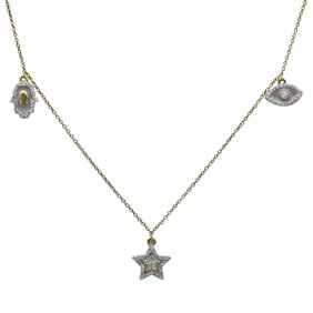 14K Yellow Gold Diamond and Enamel Charm Pendant Necklace
