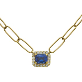 18K Yellow Gold Emerald-Cut Sapphire and Diamond Halo Paperclip Chain Pendant Necklace