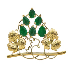 18K Yellow Gold Jade Grape Vine Brooch Pin