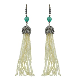 10K Rose Gold Emerald, Rose-Cut Diamond and Seed Pearl Tassel Earrings