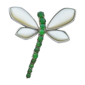18K White Gold Jade and Mother-of-Pearl Dragonfly Brooch Pin