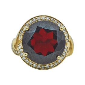 14K Yellow Gold Round-Cut Garnet and Diamond Twisted Shank Ring