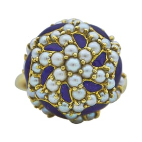 18K Yellow Gold Blue Enamel and Seed Pearl Dome Ring