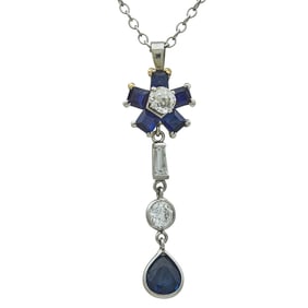 14K White Gold Sapphire and Diamond Floral Drop Pendant Necklace