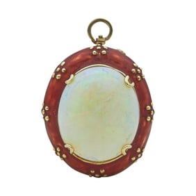 14K Yellow Gold Opal and Red Enamel Convertible Pendant Brooch