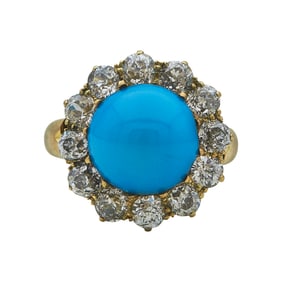 18K Yellow Gold Turquoise and Diamond Halo Cluster Ring, Size 2.25