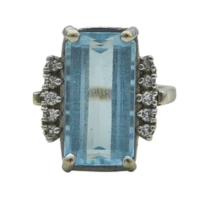 14K White Gold Rectangular Step-Cut Aquamarine and  Diamond Ring