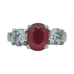 14K White Gold 3 carat Ruby and Diamond Three Stone Ring