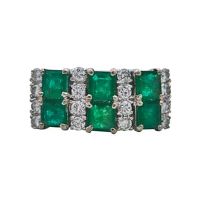 14K White Gold Emerald and Diamond Multi Row Band Ring