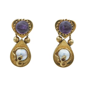 14K Yellow Gold Amethyst, Pearl and Garnet Snake Drop Earrings