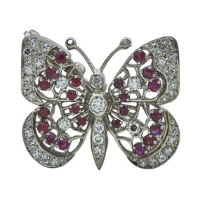 14K White Gold Ruby and Diamond Butterfly Brooch Pin