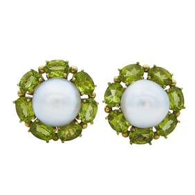 18K Yellow Gold Pearl and Peridot Earrings