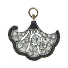 Platinum Onyx and Diamond Fan Convertible Brooch Pendant with 10K White Gold Bail and Pin