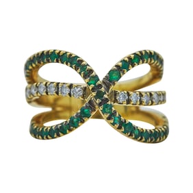18K Yellow Gold Emerald and Diamond Three Band Crossover Ring
