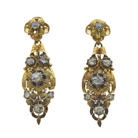 Antique Iberian 18K Yellow Gold Rose-Cut Diamond Earrings with Removable Drops