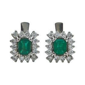18K White Gold Emerald and Diamond Halo Cluster Earrings