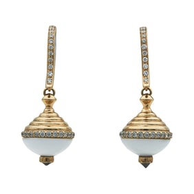 18K Rose and White Gold White Enamel, Black and Colorless Diamond Orb Drop Earrings